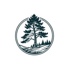 Dark teal pine tree silhouette in circular emblem design, forest landscape