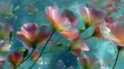 Delicate flowers float gracefully beneath the surface of clear water, showcasing vibrant colors and a peaceful atmosphere for nature lovers and artists alike.
