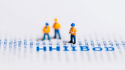 Miniature construction workers on a macro-scale text. Teamwork and precision are key to understanding complex information. Metaphor for analysis and building knowledge.