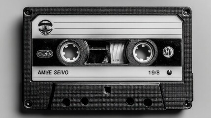 Fototapeta premium A close-up view of a vintage audio cassette displaying the exposed reel. The cassette is set against a neutral backdrop, highlighting its retro design and nostalgic charm.