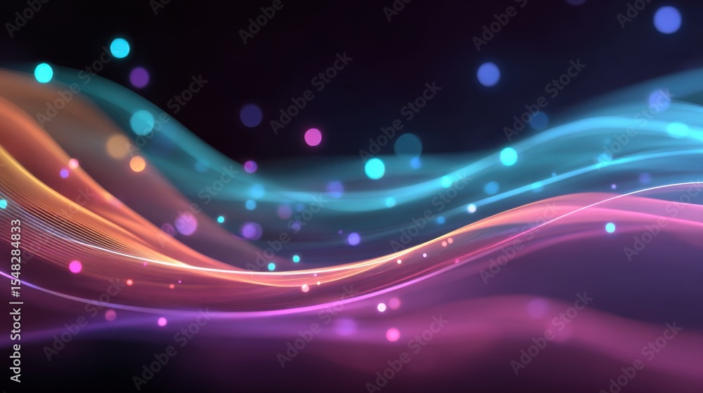 Poster bright colors blend in smooth wave patterns, creating an abstract display of light. glowing dots flo