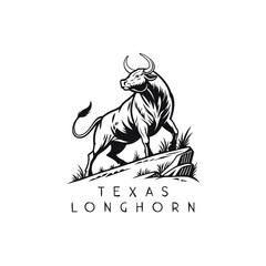 Texas Longhorn bull standing proudly on a rock, black and white illustration