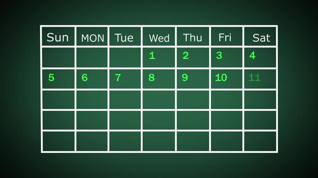 4k video animation. The calendar 25th day of the month is red circled ,Calendar interface with highlighted dates and event icons, looped animation.