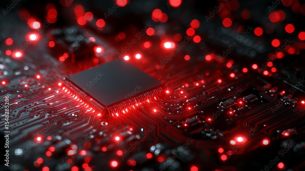 Poster Abstract Red Circuit Board Technology Background Digital Art High Tech Electronic Microchip Processor Powerful Innovation Futuristic Design Glowing Lines Network Computer