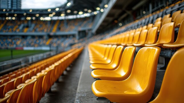 Rows of bright yellow seats fill a contemporary stadium, hinting at the upcoming excitement of a live sports event as the field awaits its players and fans.