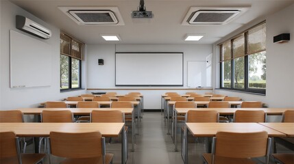 Fototapeta premium Simple rectangular room with mounted projector and large blank wall opposite