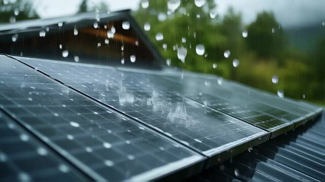 Rain and ice pallets, sleet is falling on solar panels on a rooftop