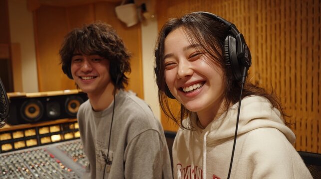 Two young musicians are engaged in a recording session inside a studio, enjoying their time while laughing and feeling relaxed. The warm atmosphere enhances their creativity. - Powered by Adobe