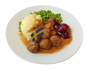Isolated Swedish meatballs with Sweden flag, lingonberry sauce, mash and peas on transparent background