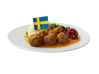 Isolated Swedish meatballs with Sweden flag, lingonberry sauce, mash and peas on transparent background