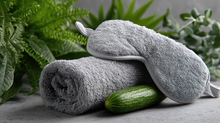 Still life of spa towel rolled beside a cucumber-decorated blindfold and green plants
