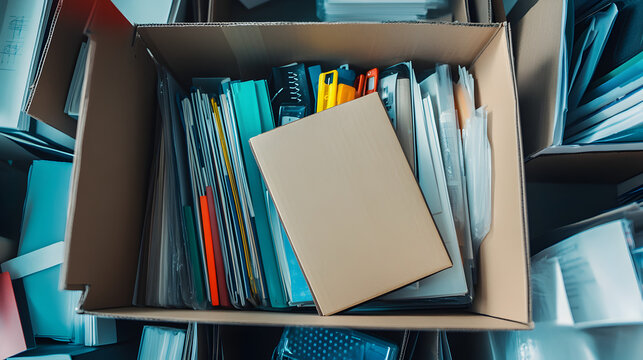 una caja con documentos y papeles y cosas personales de oficina por el despido o desempleo en la empresa en la oficina guardando cosas 