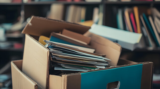 una cja de carton con papeles y cosas de oficina guardadas por el desempleo o despido del trabajo en una oficina
