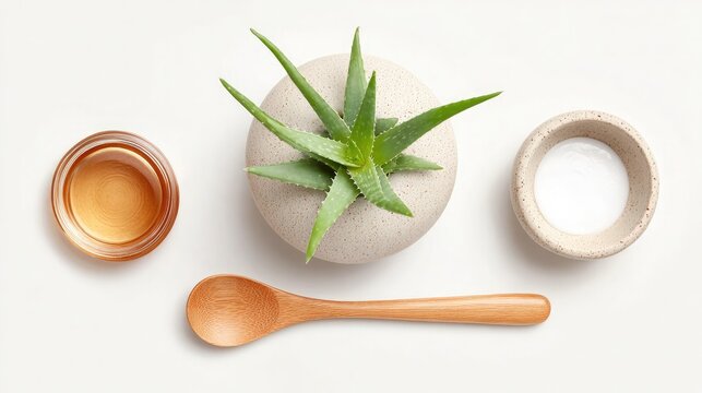 Top-down view of aloe vera plant in a ceramic pot next to natural skincare tools