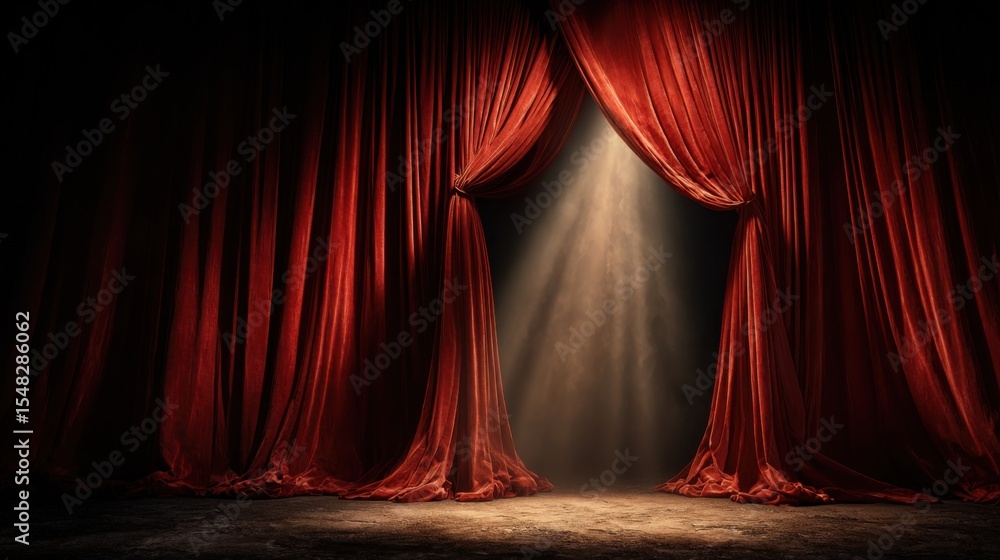Aufkleber rich red curtains part to reveal a bright spotlight illuminating an empty stage. the atmosphere is f