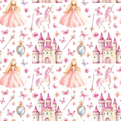 Seamless Watercolor Princess Pattern with Castle, Magic Wand, Mirror and Butterflies in Pink Tones