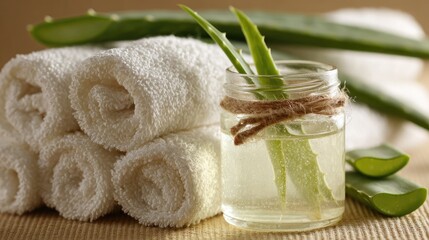Transparent jar of aloe gel placed next to rolled white towels and soft lighting