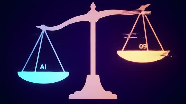 Looping Futuristic Balance Scales Representing Conflict Between Human and AI Decisions in Ethical Context