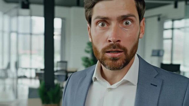 Shocked businessman looking at camera in office