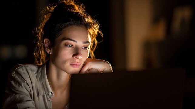 Young Woman Working Late on Laptop at Night Serene Focused Expression Soft Warm Lighting Home Office Cozy Atmosphere Nighttime Productivity Serious Face Intense