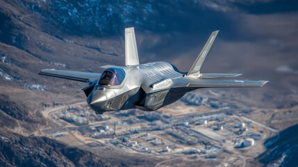 Obraz premium F-35 jet flying at low altitude above desert-based LNG facility with trucks and tankers moving below