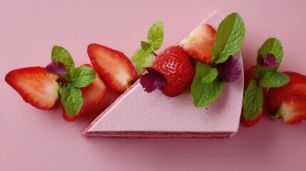 Artistic food arrangement with strawberry cake slice, cut strawberries, and mint leaves