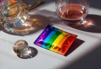 Modern composition with rainbow foil condom pack, glass objects and shadows, abstract editorial style.