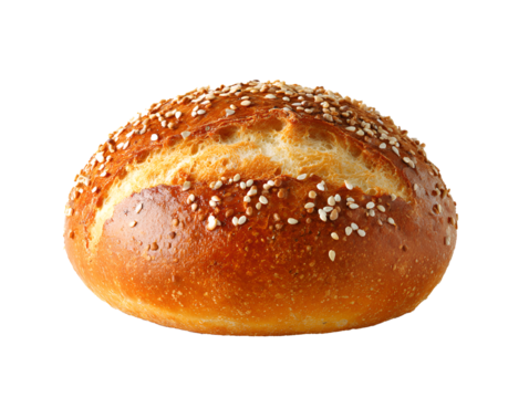 German kaiser roll with sesame seeds on a golden crust, png transparent background