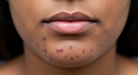 Close-up shot focusing on a person's lower face, revealing several inflamed pimple acne breakouts with redness and visible pores on the cheek and chin, indicating a skin health issue
