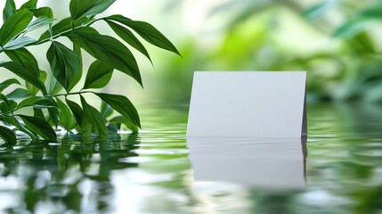 Blank card floating on rippled water amidst lush greenery.