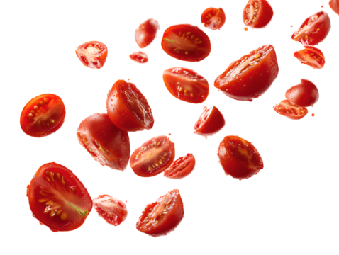 Small tomato pieces elegantly floating in air on a white background