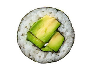 Top view of avocado sushi roll with fresh green ingredients, png transparent background