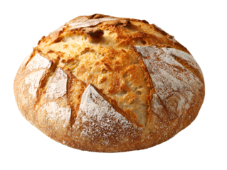 Round crusty bread loaf on clean white background, png transparent background