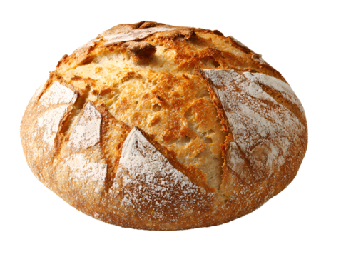 Round crusty bread loaf on clean white background, png transparent background