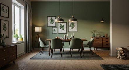 Elegant interior room with classic furniture and muted green walls