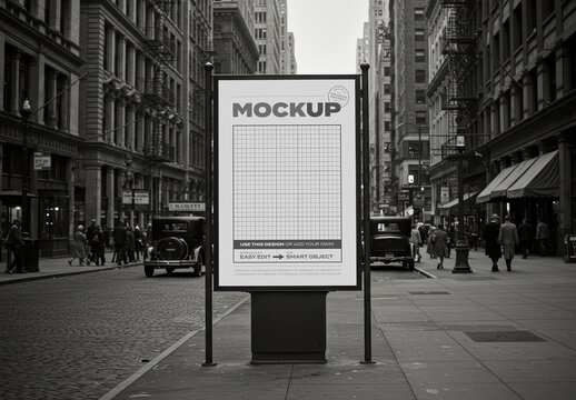 Vertical Sign Billboard Mockup on Vintage Old Past City