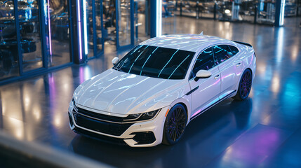 High-angle view of a car without badges elevated in a custom tuning garage, illuminated with colorful neon lights and metallic reflections