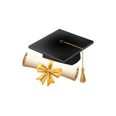 3d diploma scroll with graduate hat. Vintage roll paper