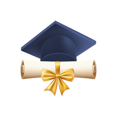 3d diploma scroll with graduate hat. Vintage roll paper