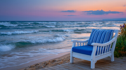 Fototapeta premium A single blue lounger facing calm sea at sunrise, soft waves glimmering in peach and lavender light, early morning solitude