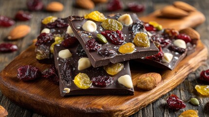 Chocolate bark with dried berries and nuts on a wooden slab with artisanal touches