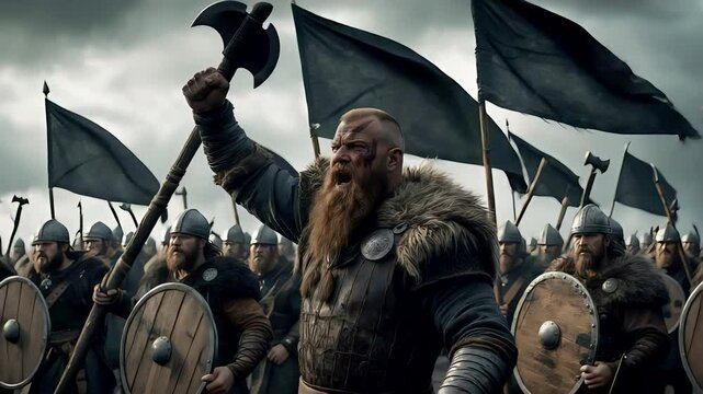 Viking warrior raising axe and shouting in front of marching army with black flags and shields