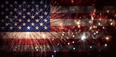 https://s.mj.run/DTp_WVwuFTU A large American flag is displayed on the screen, with fireworks illuminating it from behind. The background of the picture shows stars and stripes, creating an atmosphere