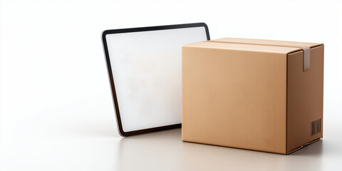 Obraz premium A cardboard box next to a tablet on a reflective surface. The tablet screen is blank, ready for your message