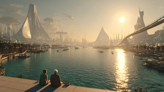 Futuristic city on water with hyperloop line with an elderly couple gazing, with lens flare from setting sun, high detail, close-up shot