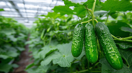 Juicy cucumbers dangle in rows from overhead vines, tiny water droplets catching light in a warm, humid greenhouse atmosphere