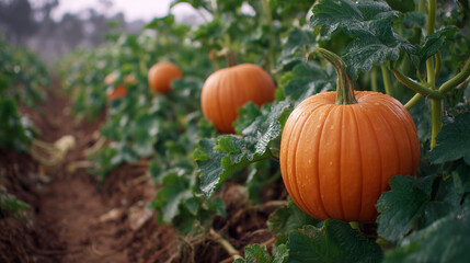Orange pumpkins peek from thick vines curling across the greenhouse floor, leaves broad and slightly misted