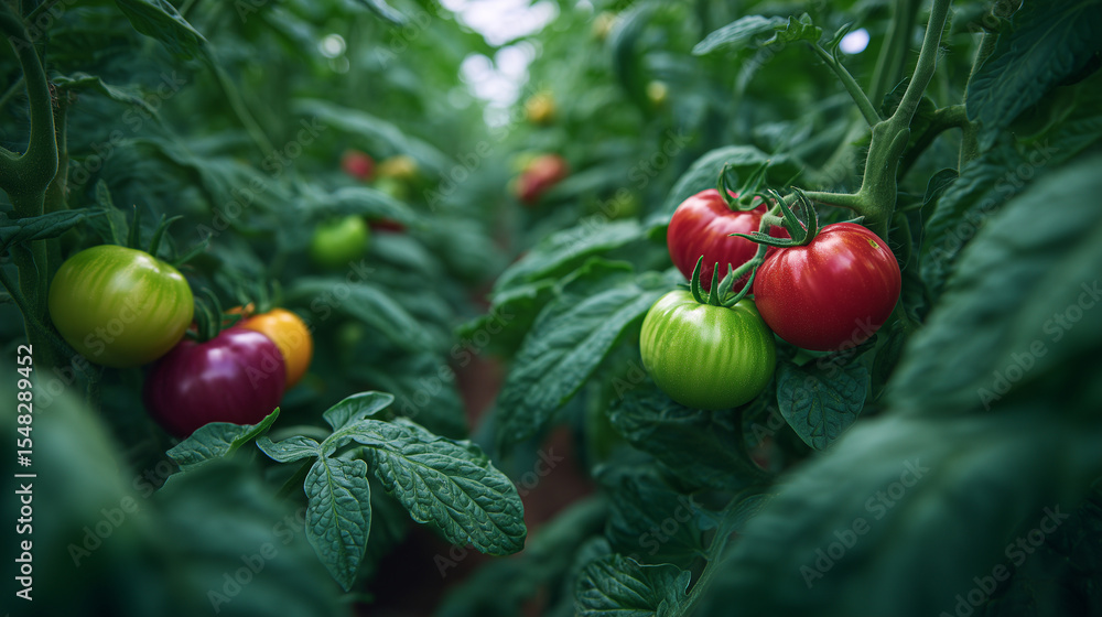 Poster high-angle view of interwoven vines with multicolored heirloom tomatoes shining beneath layers of fi