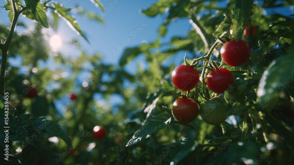Poster high-angle view of interwoven vines with multicolored heirloom tomatoes shining beneath layers of fi