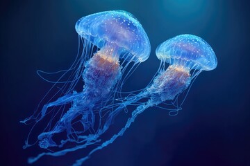 Two Glowing Jellyfish in Dark Blue Ocean Water